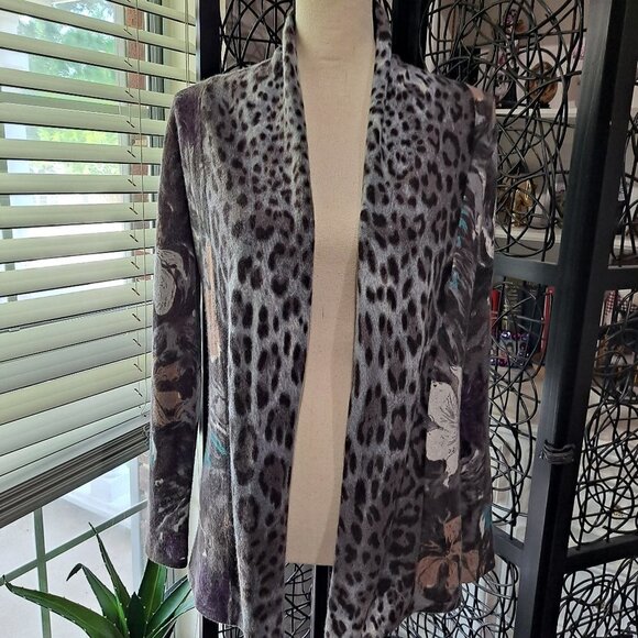 Neiman Marcus Size XS 100% Cashmere Open Front Cardigan Gray/Animal/Floral - Picture 1 of 10